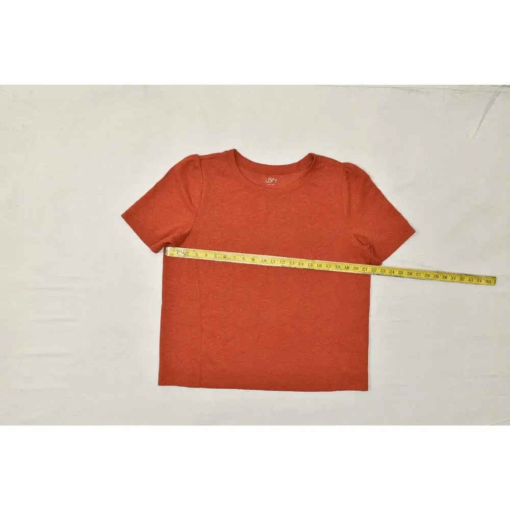 LOFT Women's XL Burnt Orange Textured Puff Sleeve Crew Neck Knit Top
